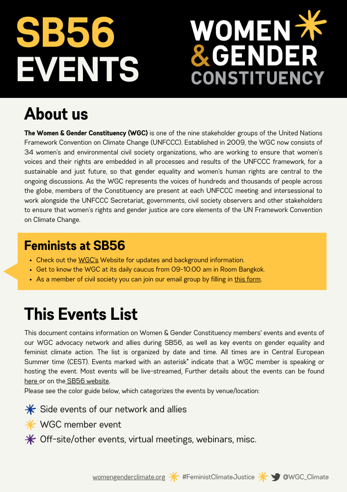first page of the event overview displayed including description of the Women and Gender Constituency