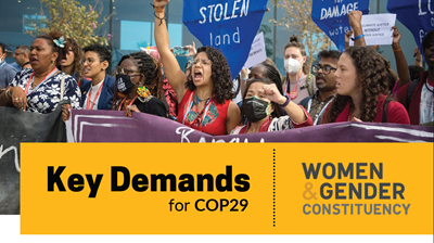 Key Demands for COP29 by the Women and Gender Constituency. The image shows an action during COP28 in Dubai.