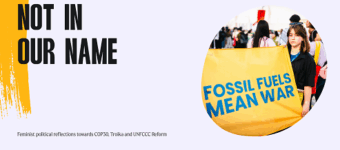 Not in our name! Graphic with this text and an image of a manifestation showing a poster saying "fossil fuels mean war"