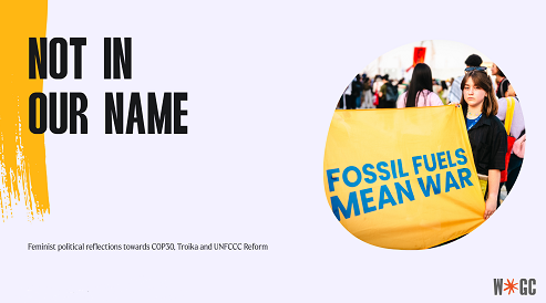 Not in our name! Graphic with this text and an image of a manifestation showing a poster saying "fossil fuels mean war"